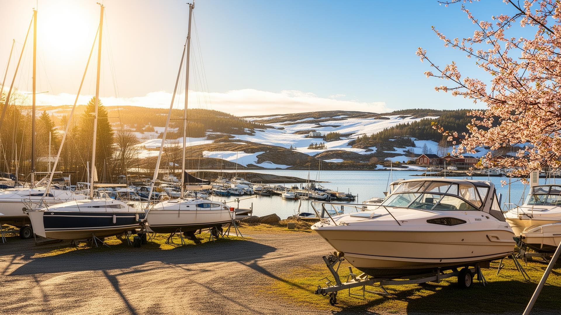 Frilagd båt vid marina under vår 2026